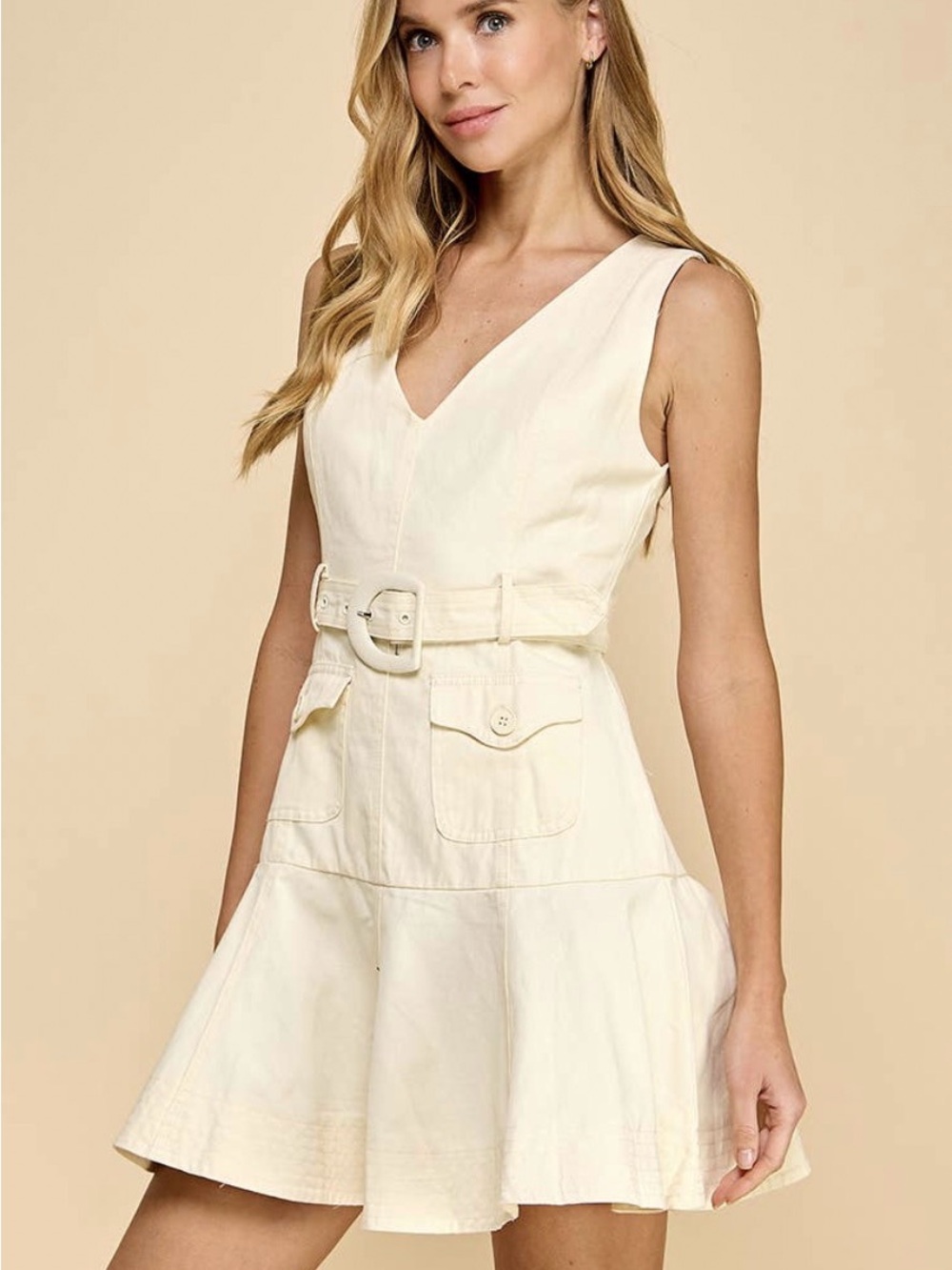 Sleeveless V-Neck Belted Cream Dress